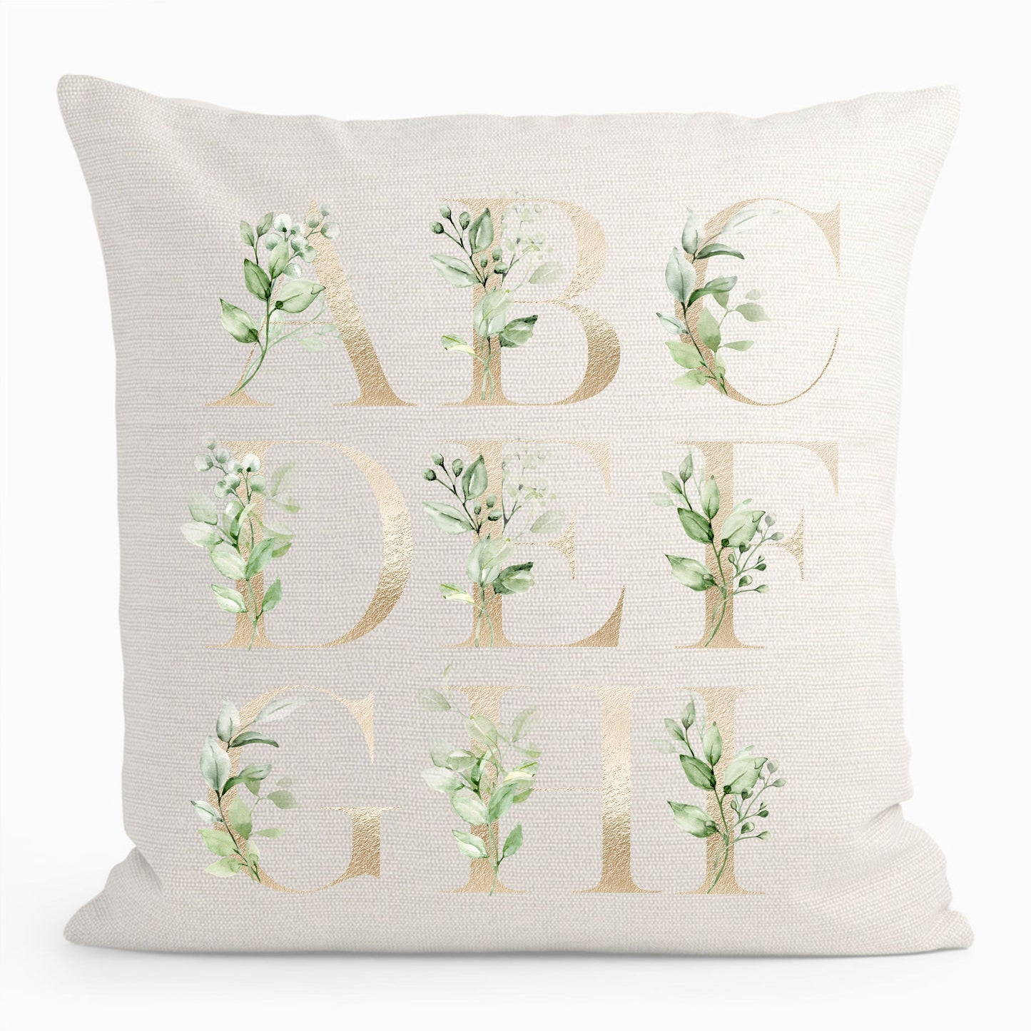Botanical leaf golden letter personalised cushion