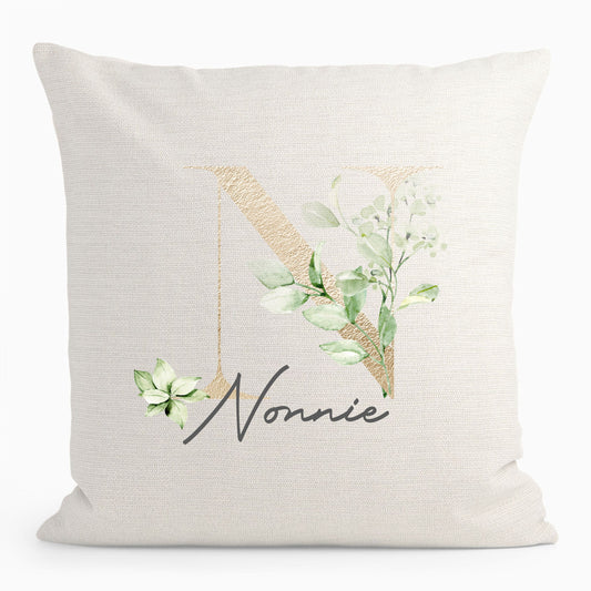 Botanical leaf golden letter personalised cushion